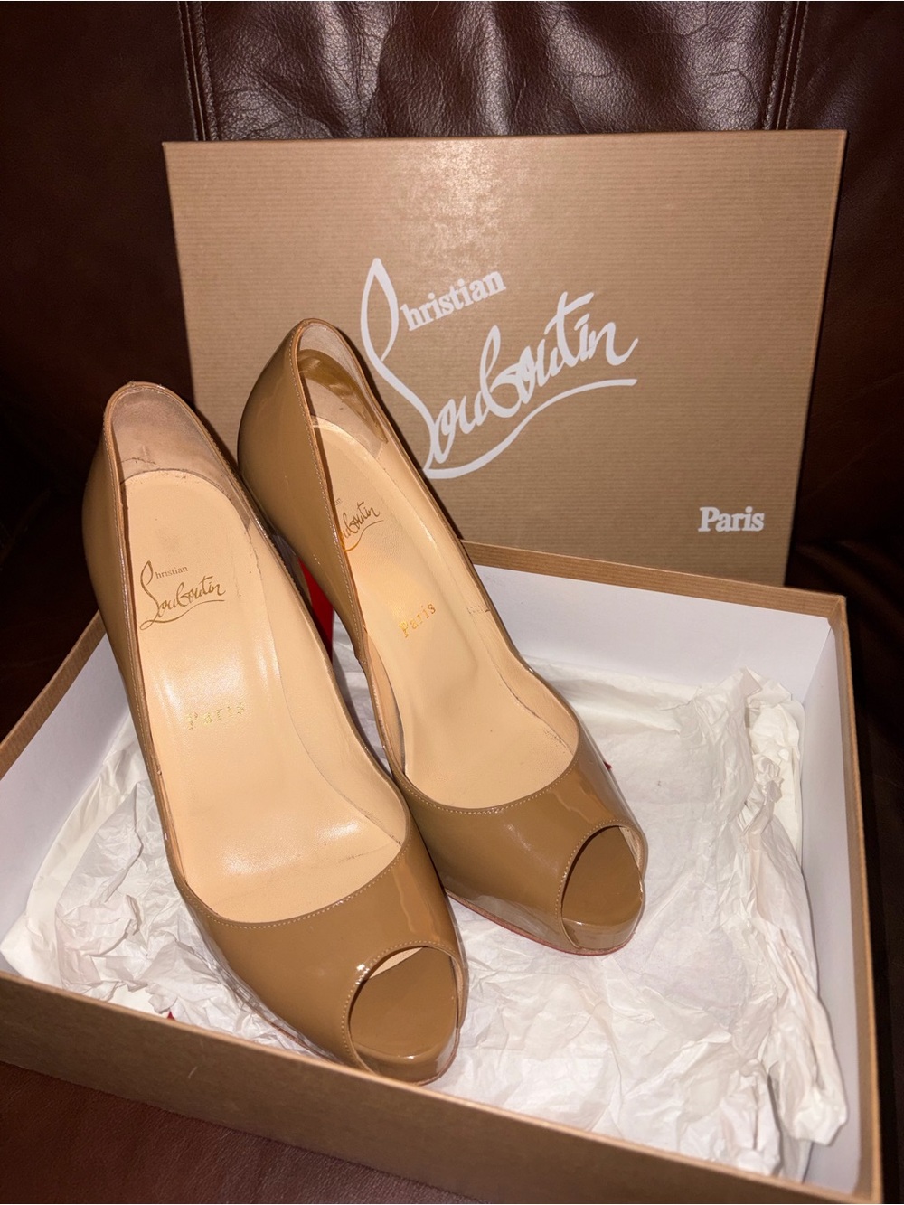 Christian Louboutin Nude Patent Peep-Toe Pumps - Picture 2 of 6